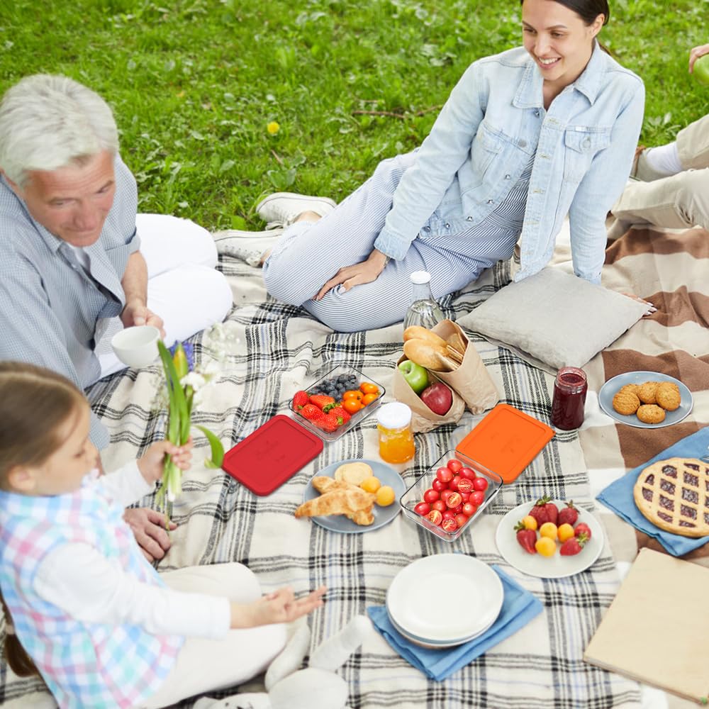 Family having a picnic on a grassy field with food and drinks.