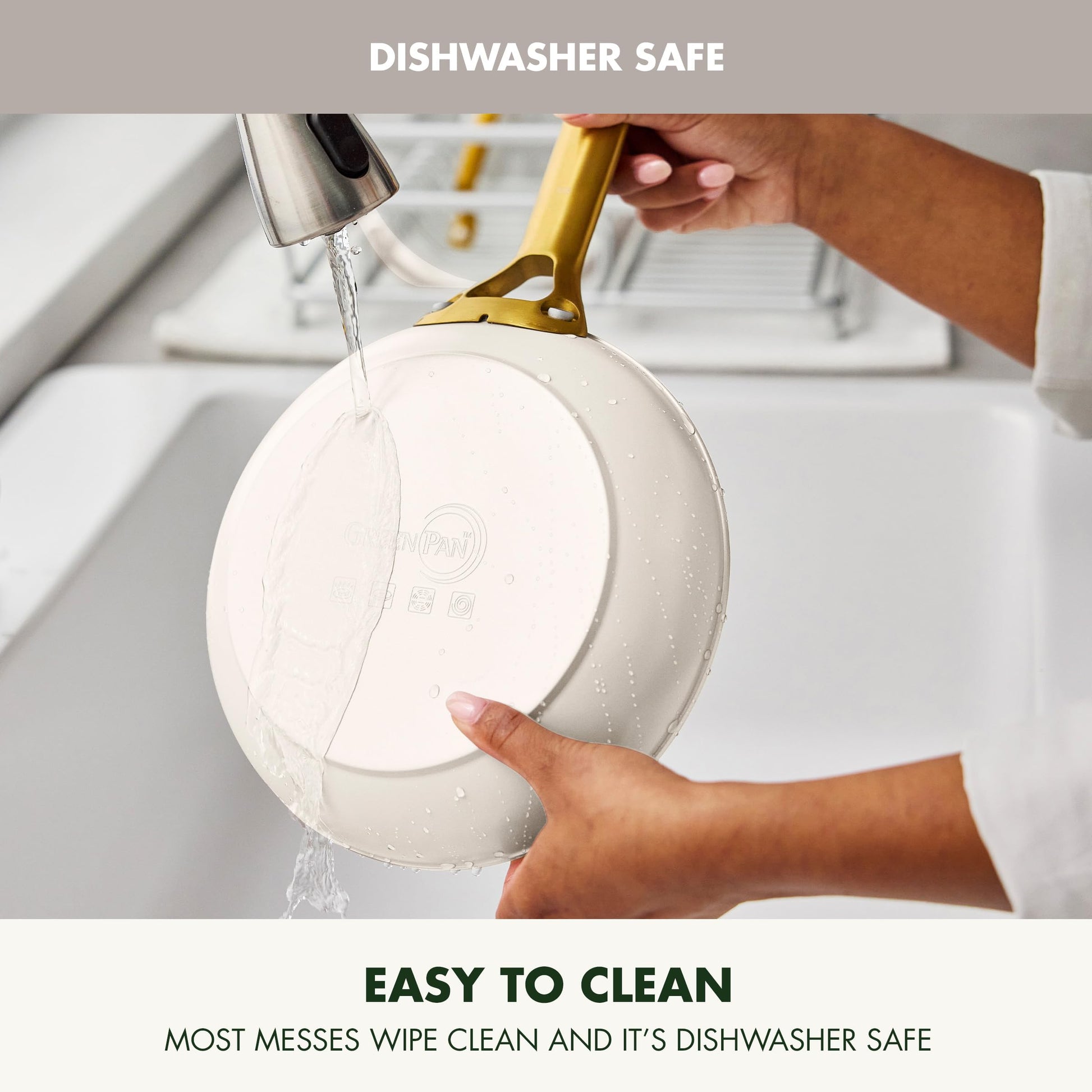 Person washing a white dish with gold handle under running water, with text indicating dishwasher safety and ease of cleaning.