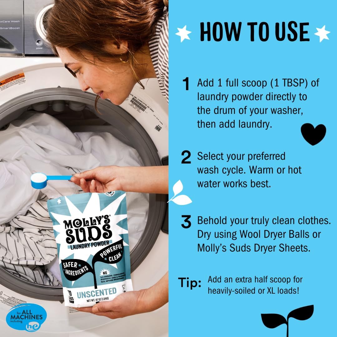 Molly’s Suds Original Laundry Detergent Powder, Chemical-Free Deep Clean for Sensitive Skin