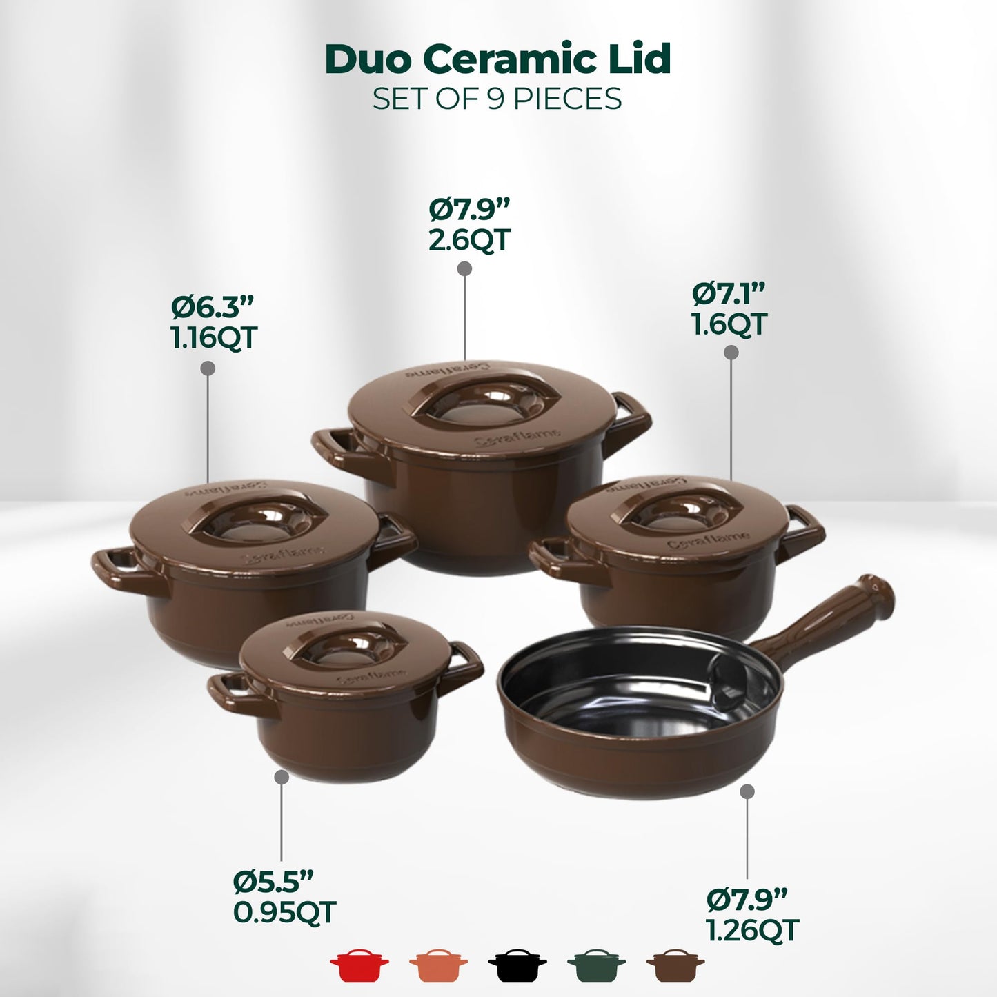 Set of brown ceramic cookware with lids on a white background