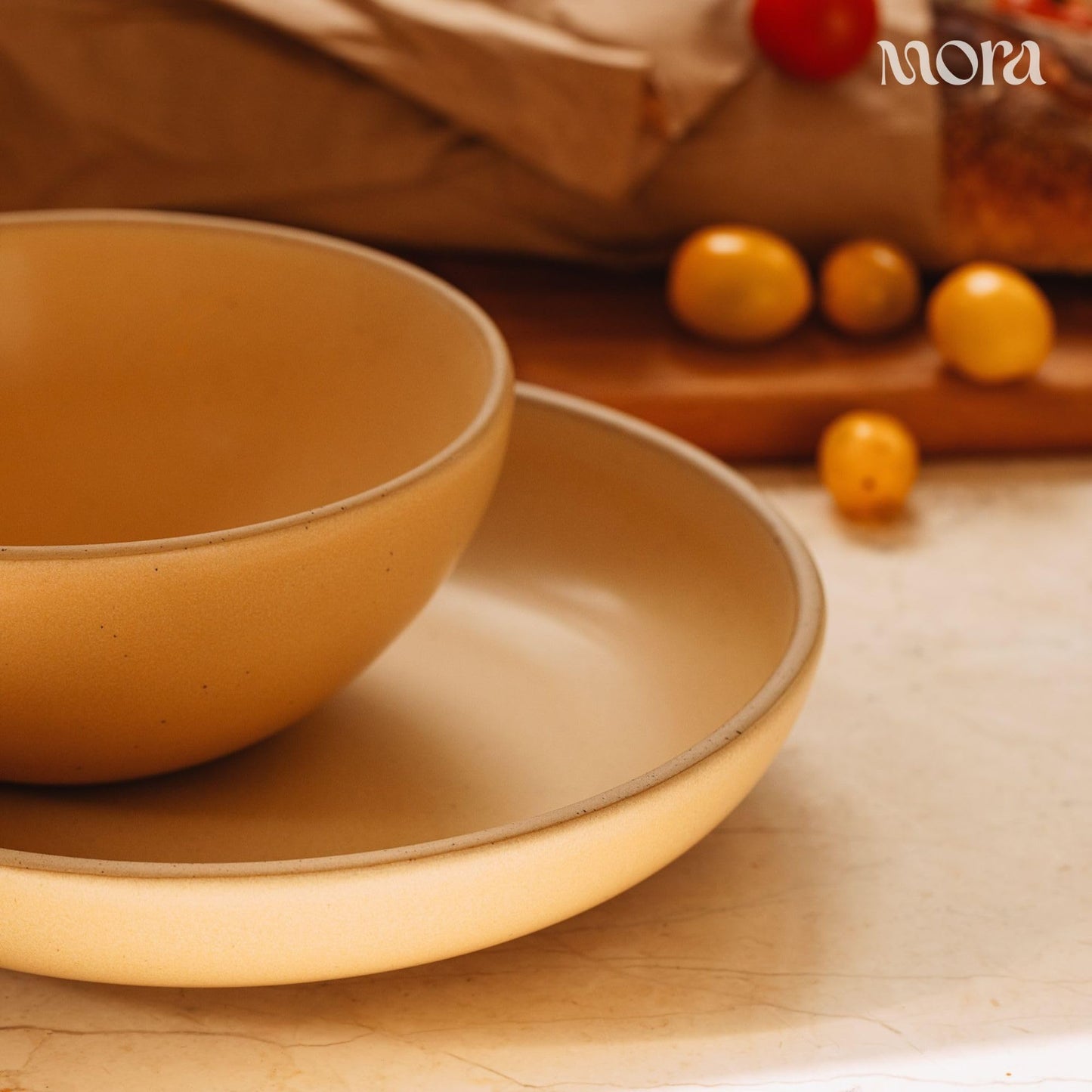 Mora Medium Ceramic Bowls, Set of 4 (28 oz, Oat)