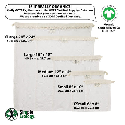 Simple Ecology GOTS Certified Organic Cotton Mesh Laundry Bags (Set of 3)