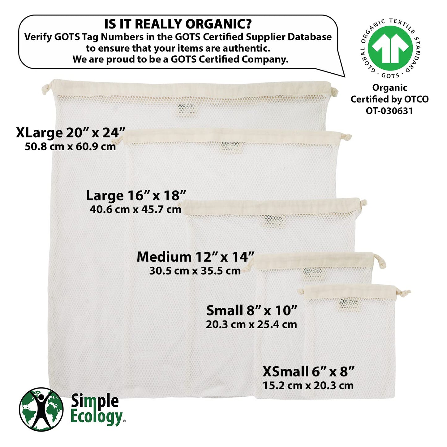 Simple Ecology GOTS Certified Organic Cotton Mesh Laundry Bags (Set of 3)