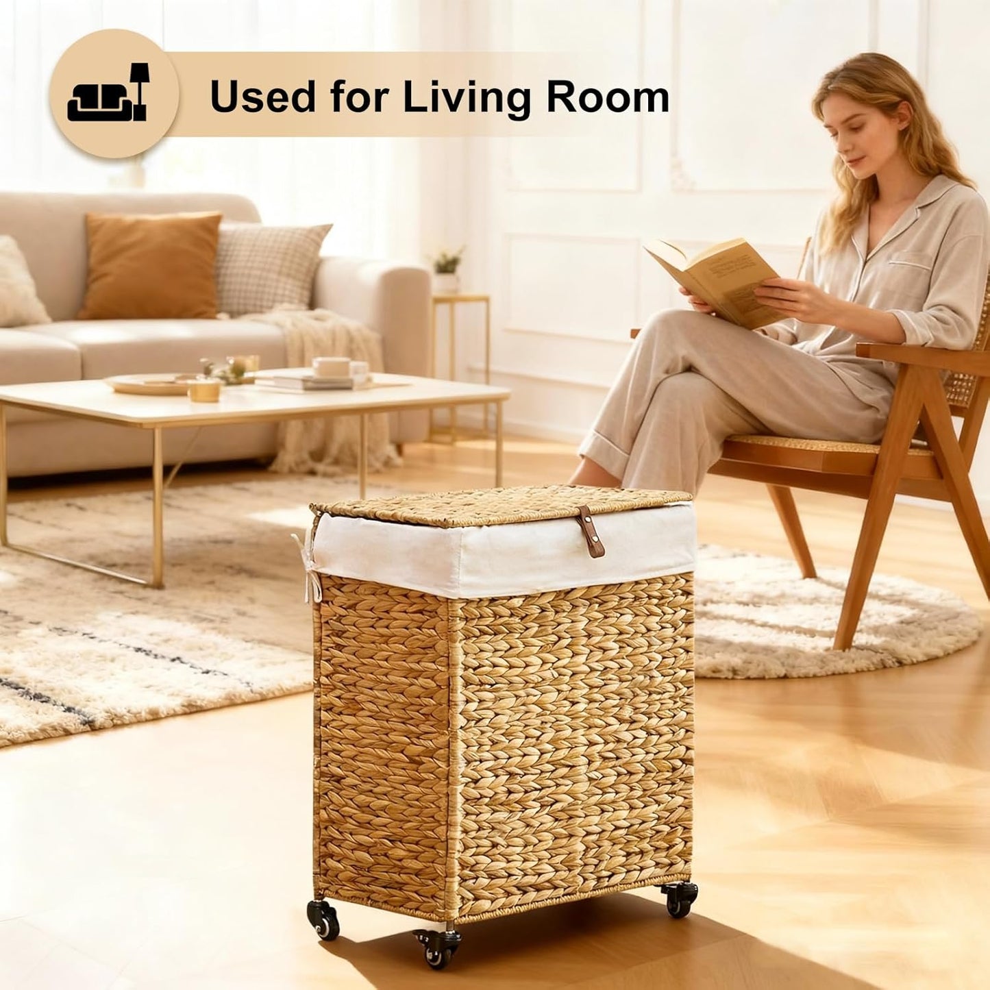 LGENHOOM Handwoven Natural Water Hyacinth Hamper with Lid
