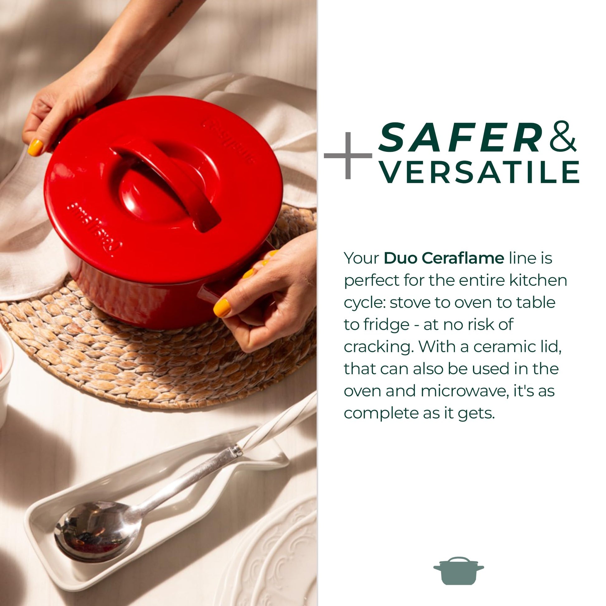 Red cast iron pot with a lid held by hands on a woven mat, with text about the Duo Ceraflame line's safety and versatility.