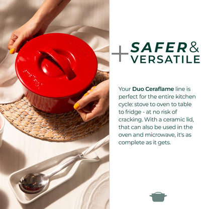 Red cast iron pot with a lid held by hands on a woven mat, with text about the Duo Ceraflame line's safety and versatility.