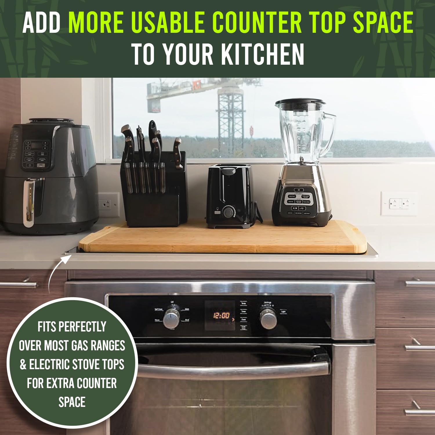 Kitchen setup with appliances and text promoting additional counter space.