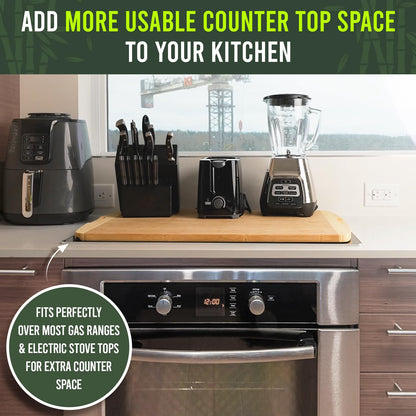 Kitchen setup with appliances and text promoting additional counter space.