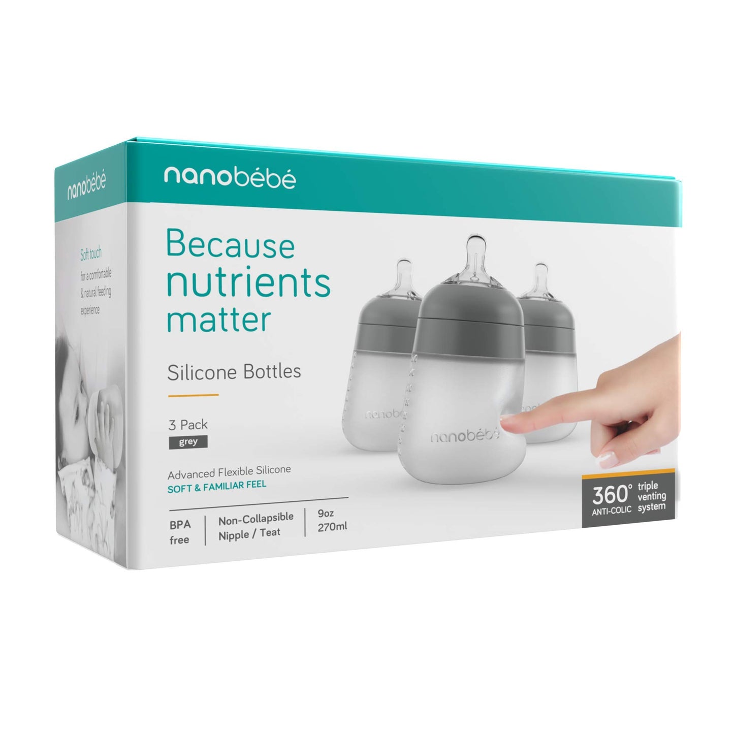 Nanobebe Flexy 9oz Silicone Baby Bottles with Anti-Colic Venting (3-Pack)