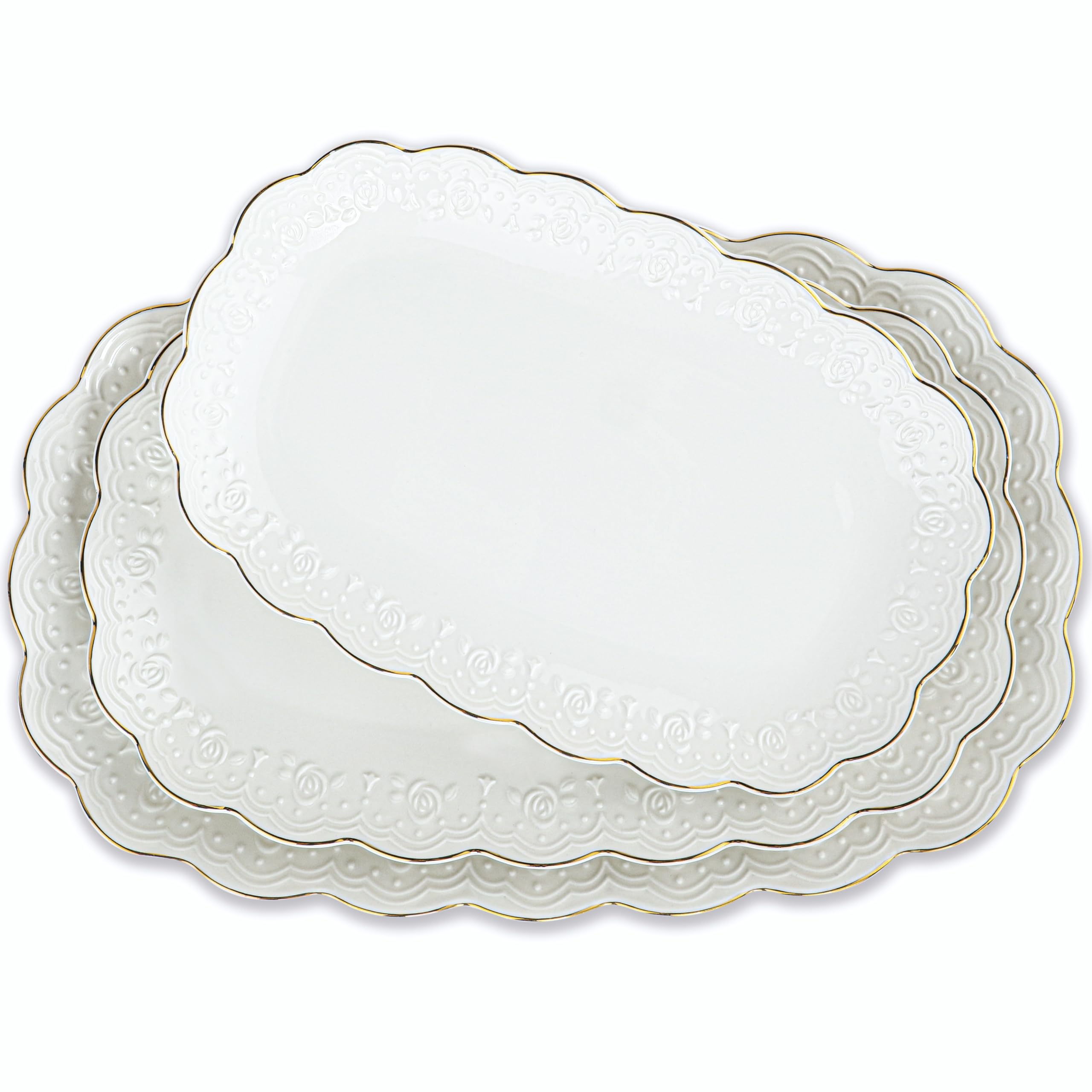 Kassel ceramic serving platters with decorative edges on a white background