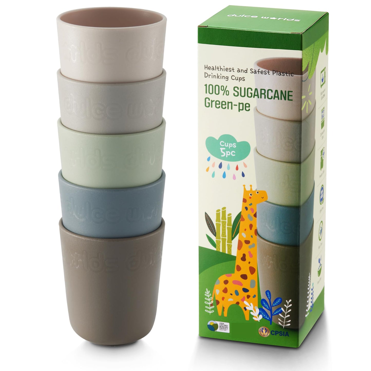Dulce Worlds 100% Sugarcane Unbreakable Kids Cups (5-Pack)