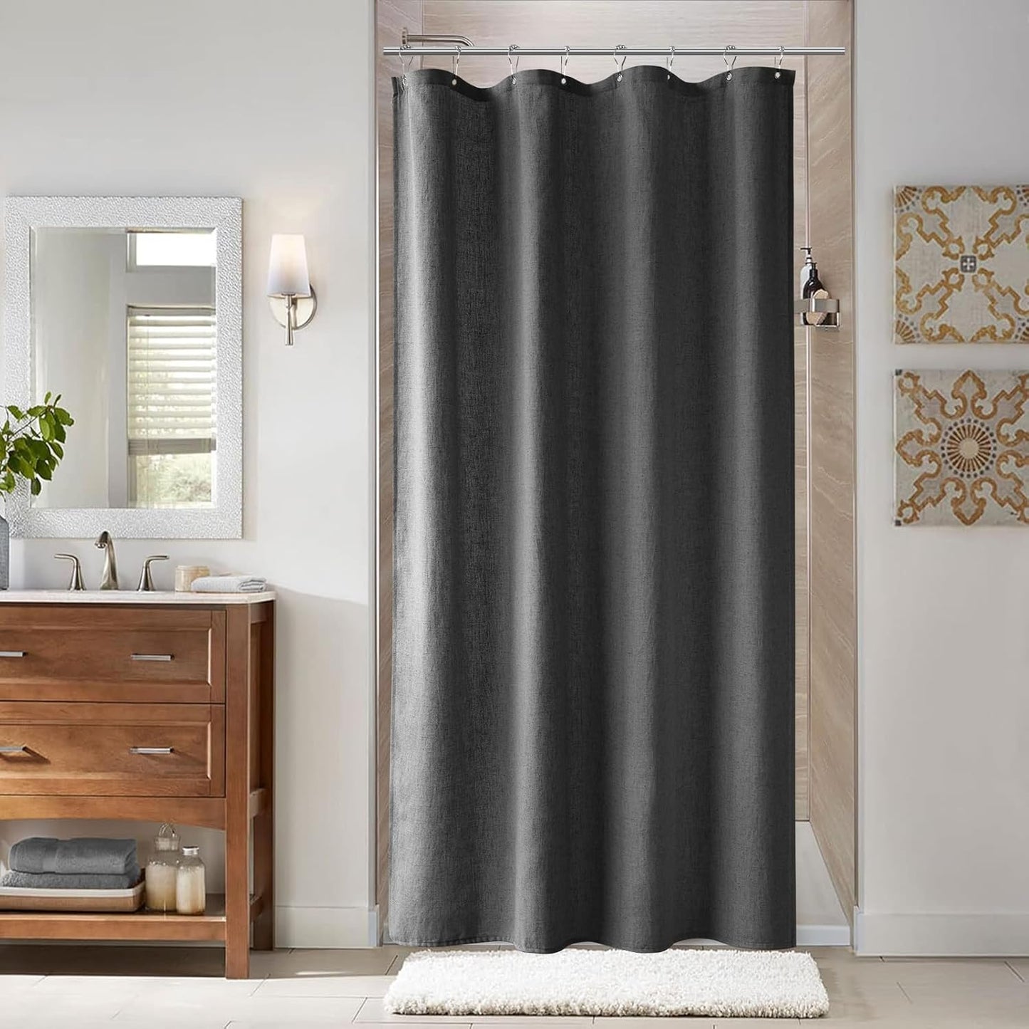 Naturoom Weighted Natural Flax Linen Shower Curtain Set