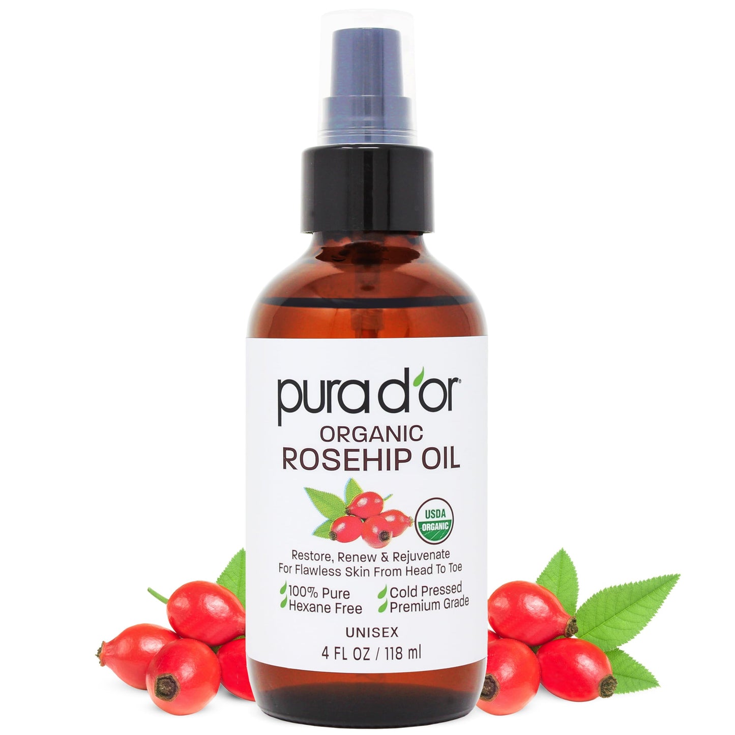 USDA Certified Organic Rosehip Seed Oil, 100% Pure Cold-Pressed – Pura D'or