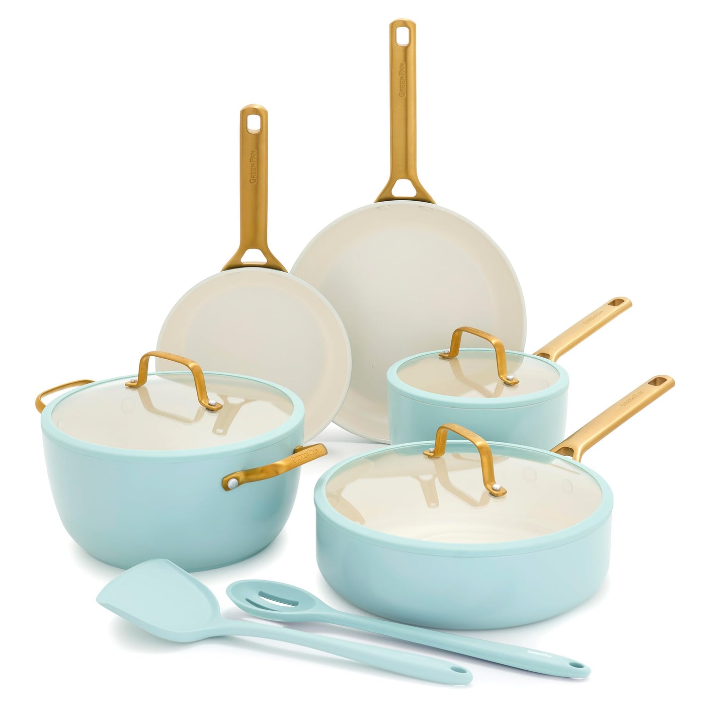 Set of light blue cookware with gold handles on a white background