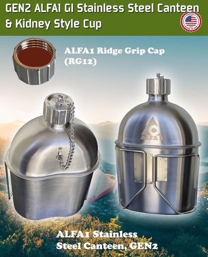 GI Military Grade Stainless Steel Canteen & Kidney Style Cup