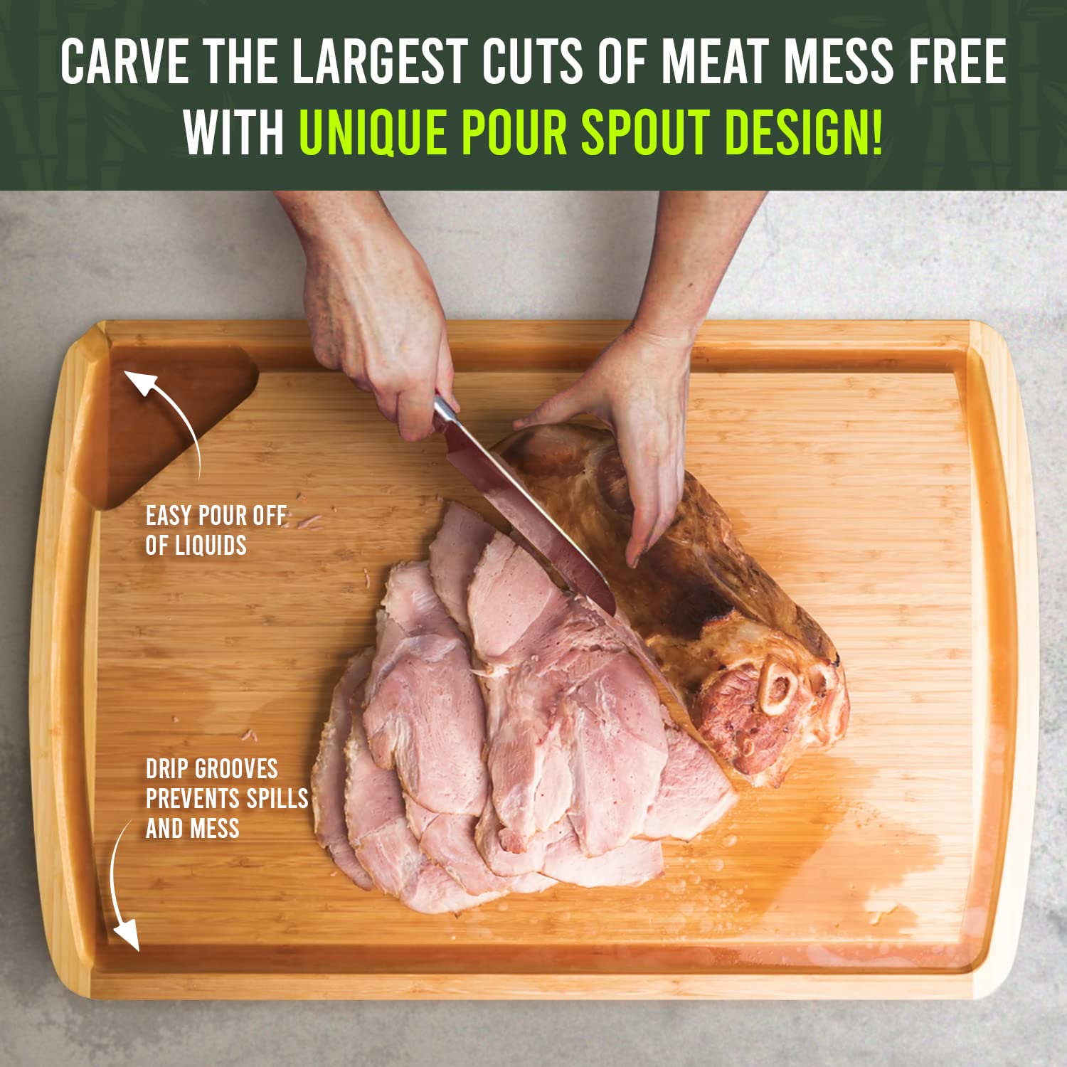 Wooden cutting board with meat being carved, highlighting pour spout design and drip grooves.