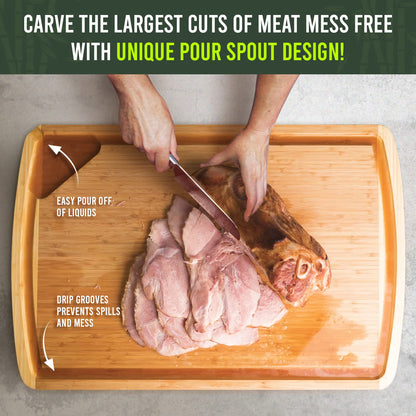 Wooden cutting board with meat being carved, highlighting pour spout design and drip grooves.