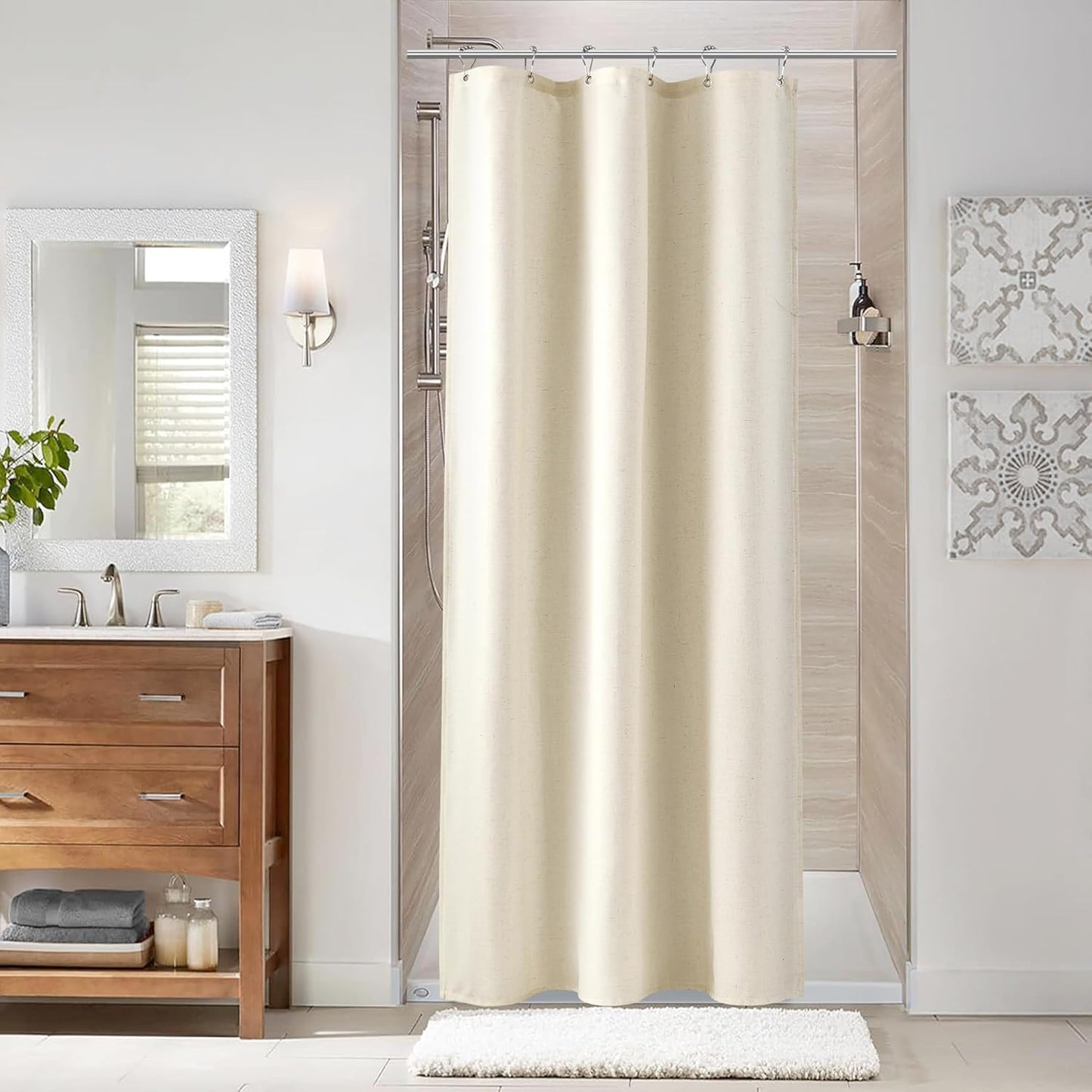 Naturoom Weighted Natural Flax Linen Shower Curtain Set