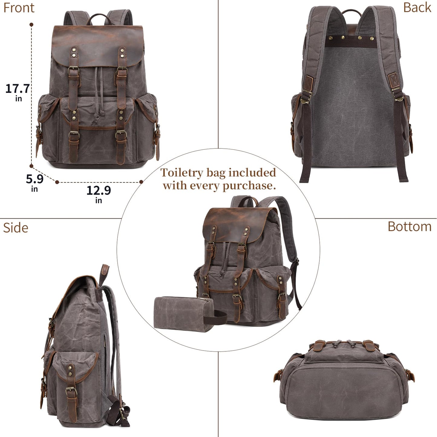 Wogarl Vintage Waxed Canvas & Genuine Crazy Horse Leather Backpack