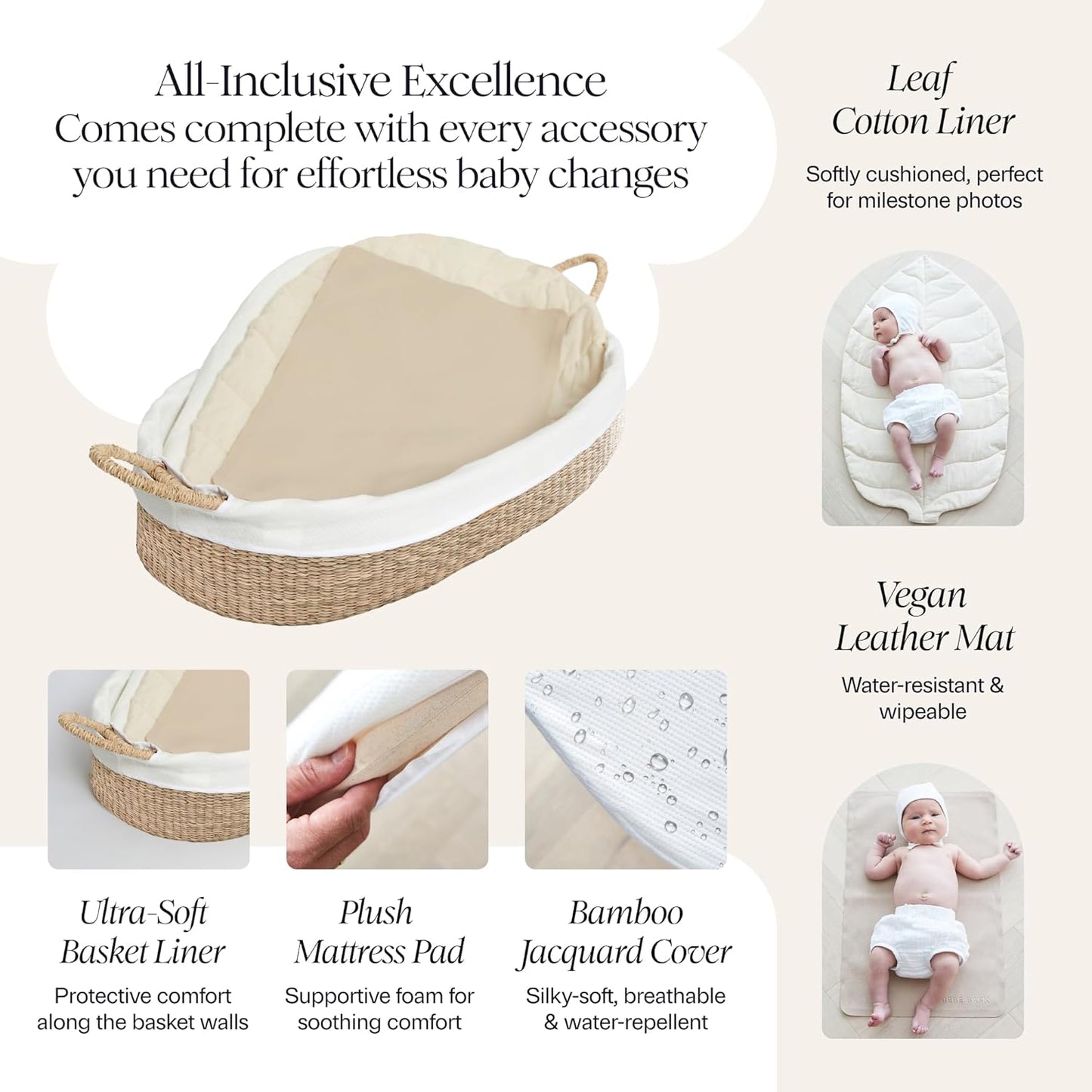 BEBE BASK Premium Changing Basket: Artisan Seagrass & Bamboo Set