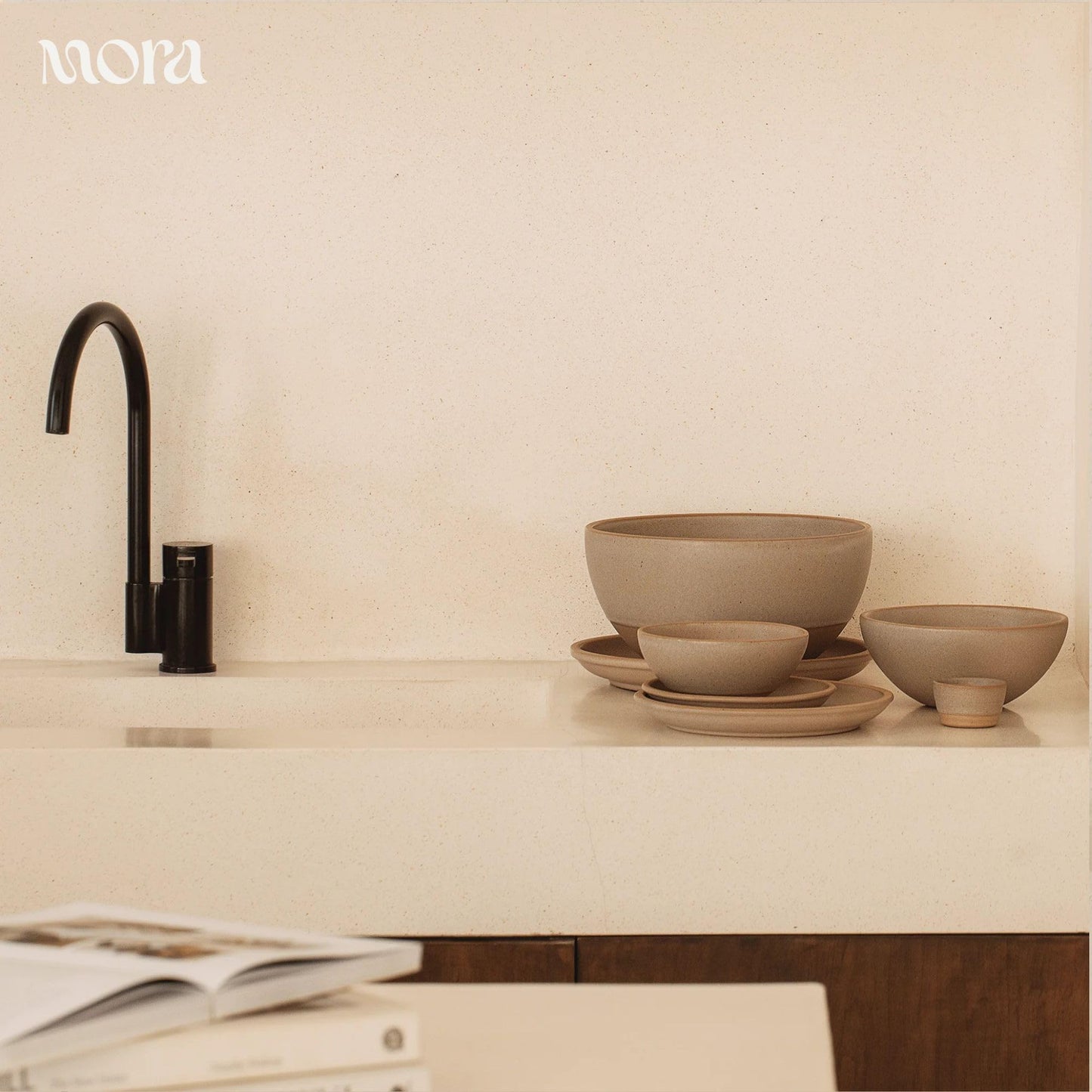 Mora Medium Ceramic Bowls, Set of 4 (28 oz, Oat)