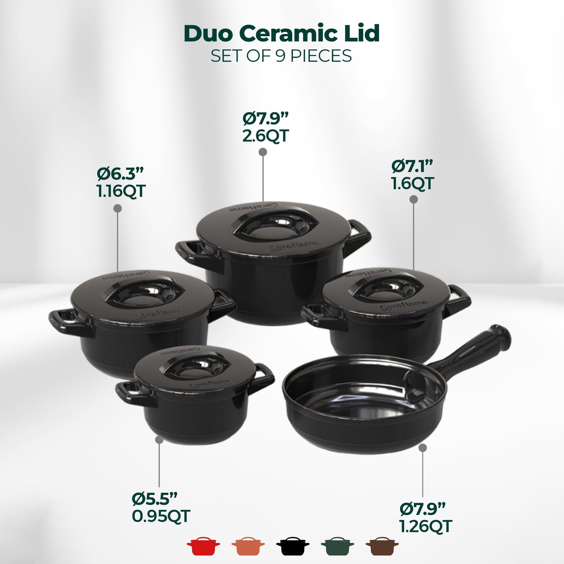 Set of black ceramic lids with measurements on a white background
