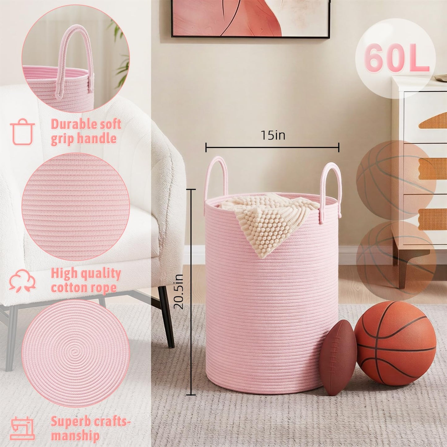 Artfeel 60L Handwoven Natural Cotton Rope Laundry Hamper