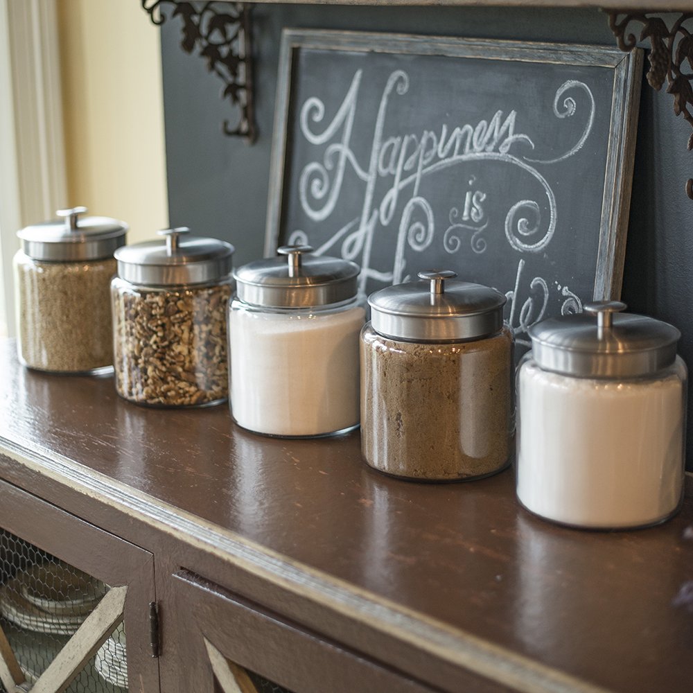 Anchor Hocking Montana Glass Jars with Fresh Sealed Lids, Brushed Metal, 64 oz (Set of 2)