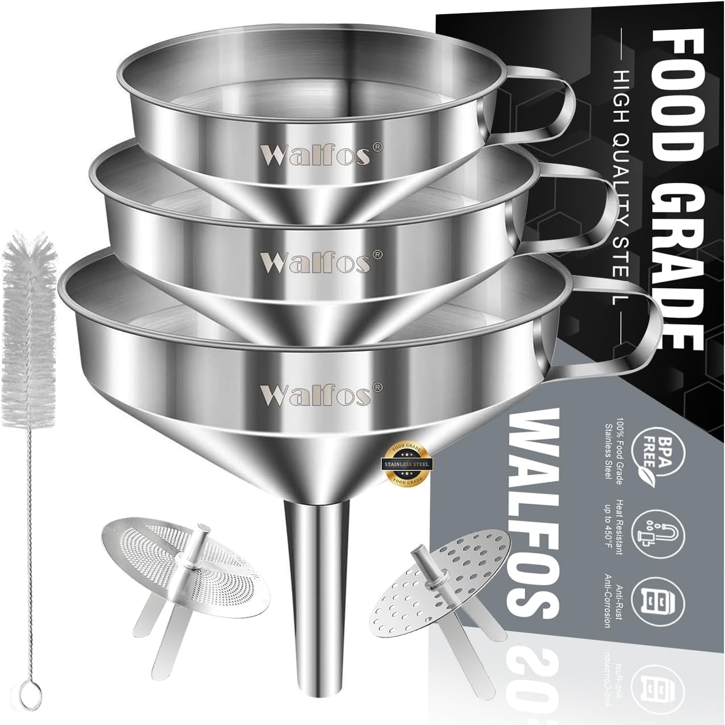 Walfos Stainless Steel Funnel Set: 3-Pack with Removable Strainers