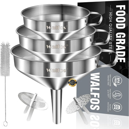 Walfos Stainless Steel Funnel Set: 3-Pack with Removable Strainers