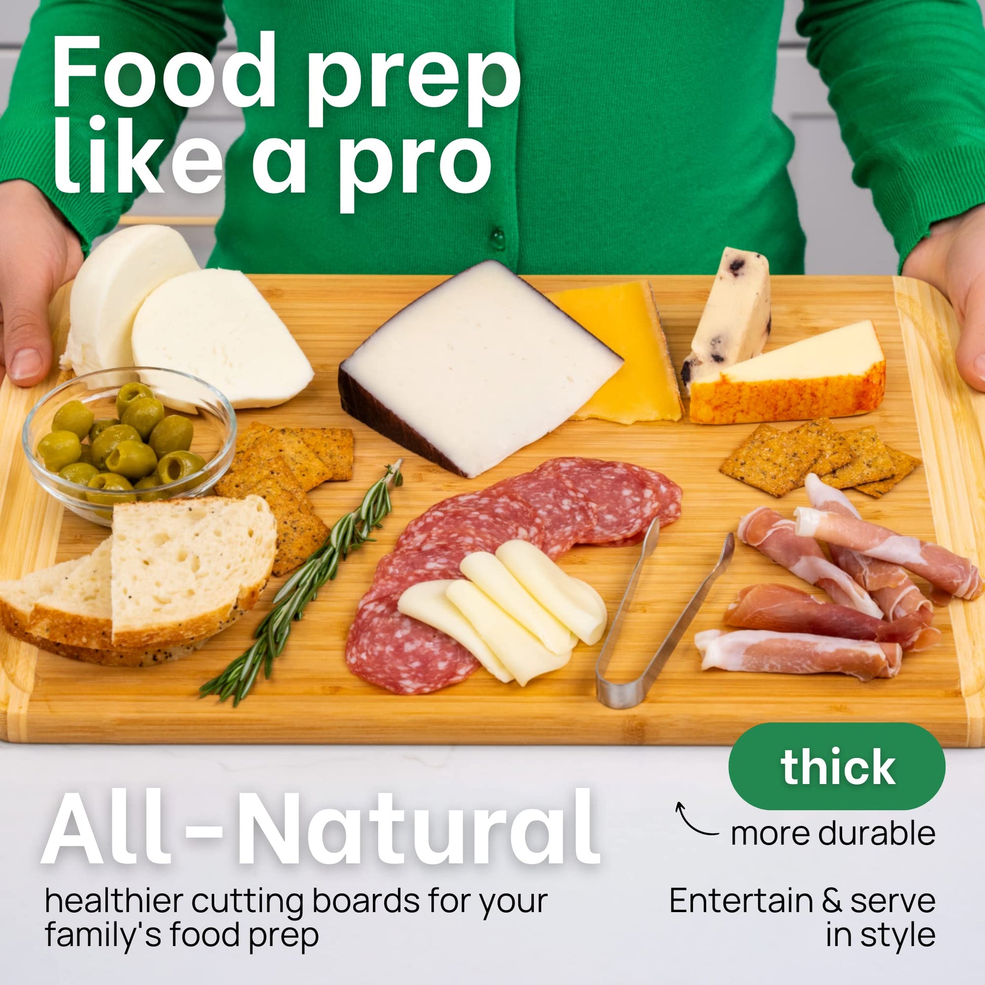 Wooden cutting board with food items and text about thick all-natural cutting boards.