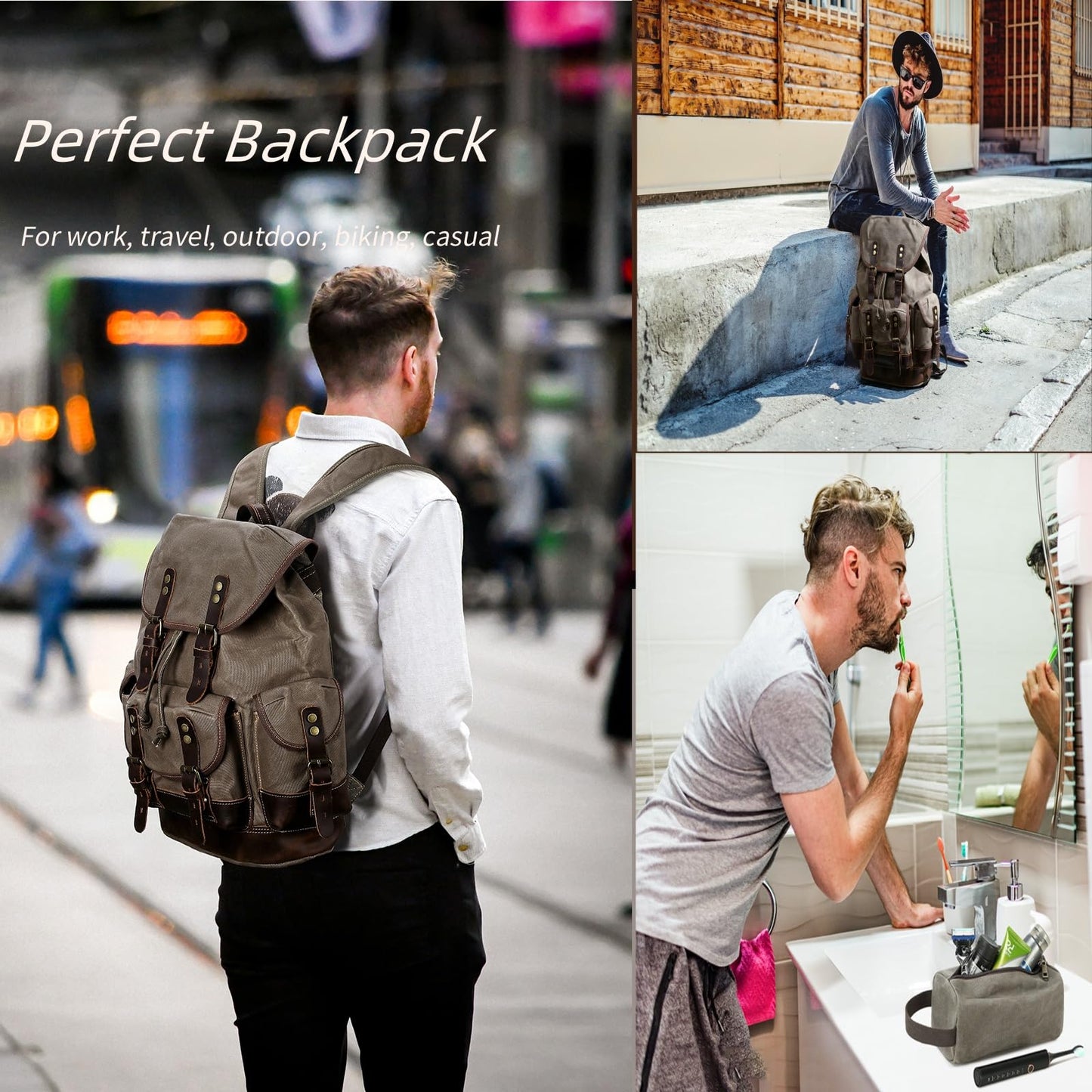 Wogarl Vintage Waxed Canvas & Genuine Crazy Horse Leather Backpack