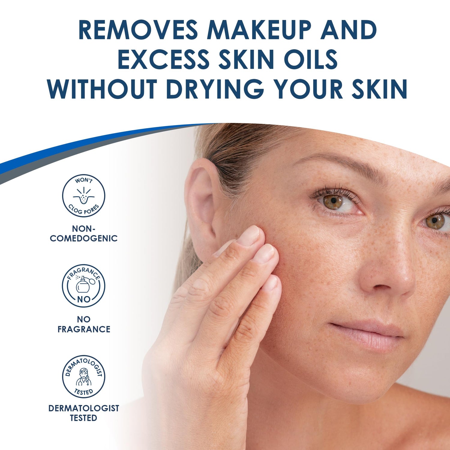 Product advertisement showing a woman's face with text about skincare benefits on a white background.