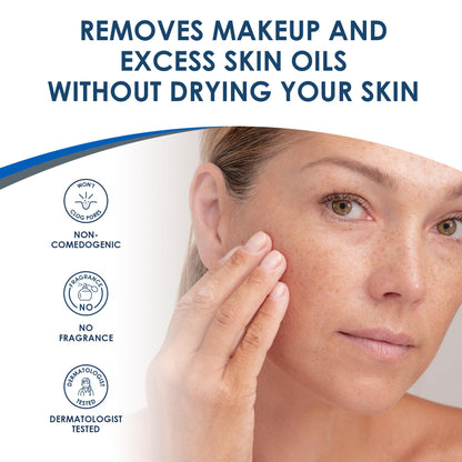 Product advertisement showing a woman's face with text about skincare benefits on a white background.