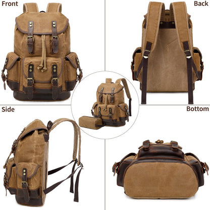 Wogarl Vintage Waxed Canvas & Genuine Crazy Horse Leather Backpack