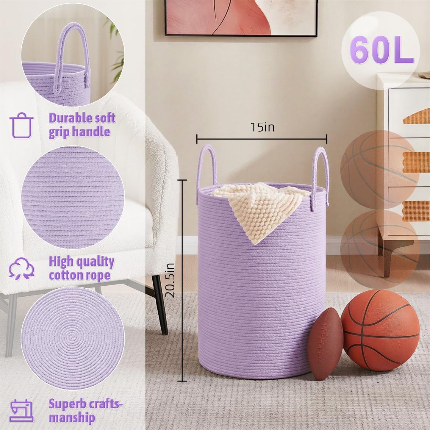 Artfeel 60L Handwoven Natural Cotton Rope Laundry Hamper