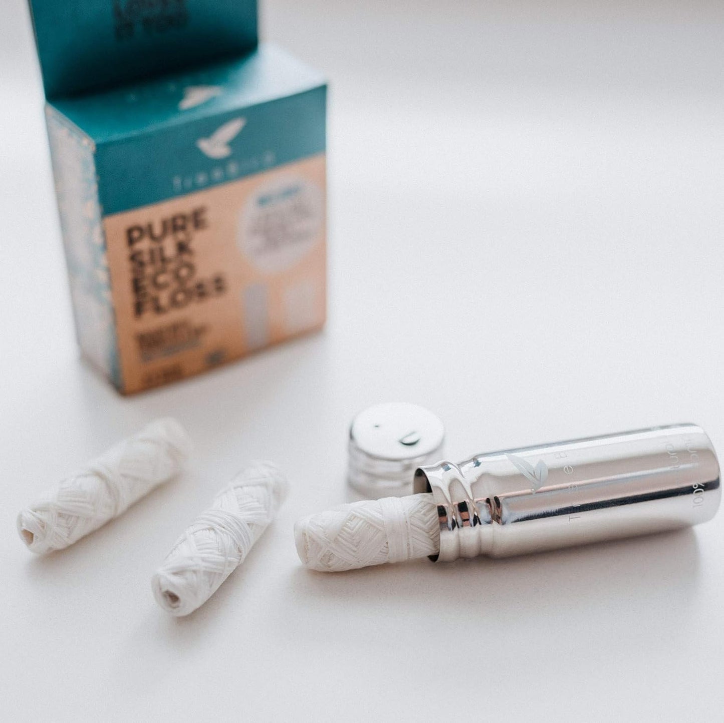 TreeBird Biodegradable Dental Floss | TRUE Shift Steel Dispenser & Pure Silk Floss