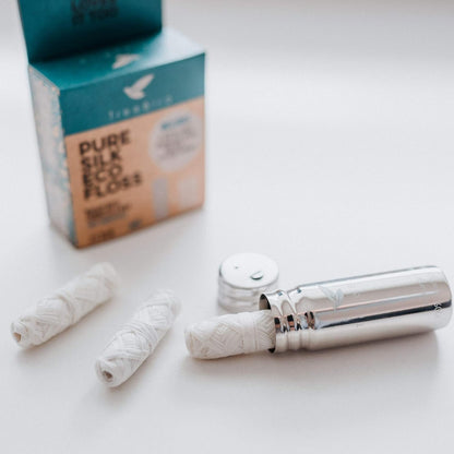 TreeBird Biodegradable Dental Floss | TRUE Shift Steel Dispenser & Pure Silk Floss