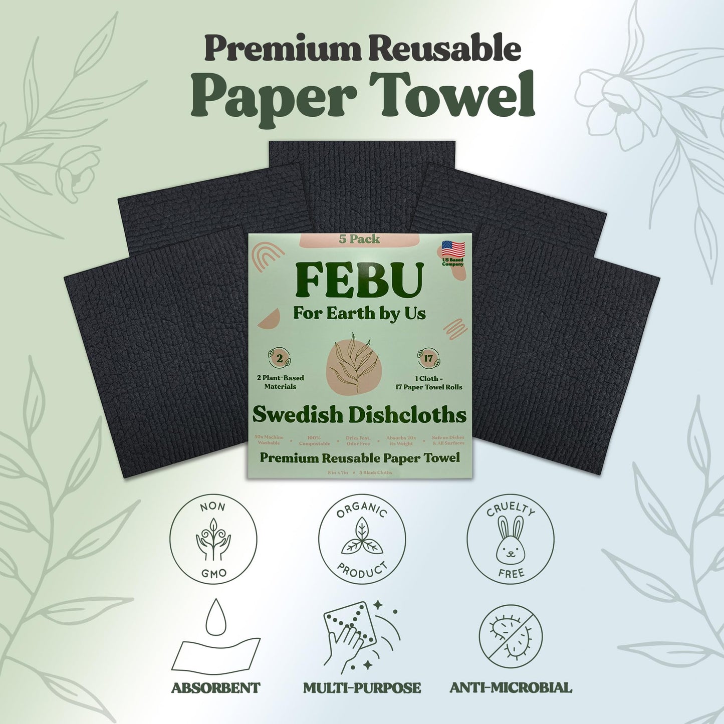 FEBU Swedish Dishcloths – 5 Pack Biodegradable Cotton‑Cellulose Cleaning Cloths