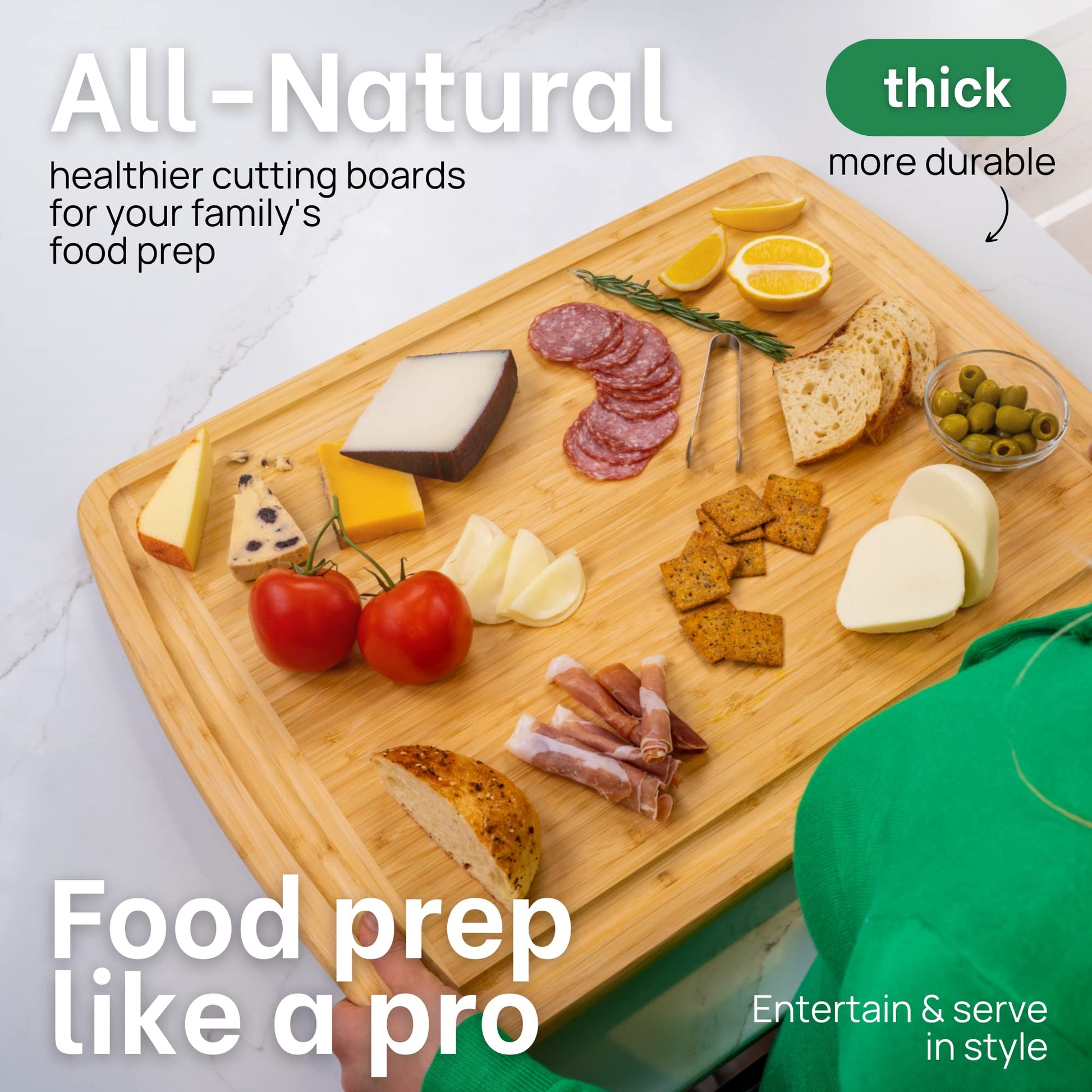 Wooden cutting board with food items and text about all-natural cutting boards.