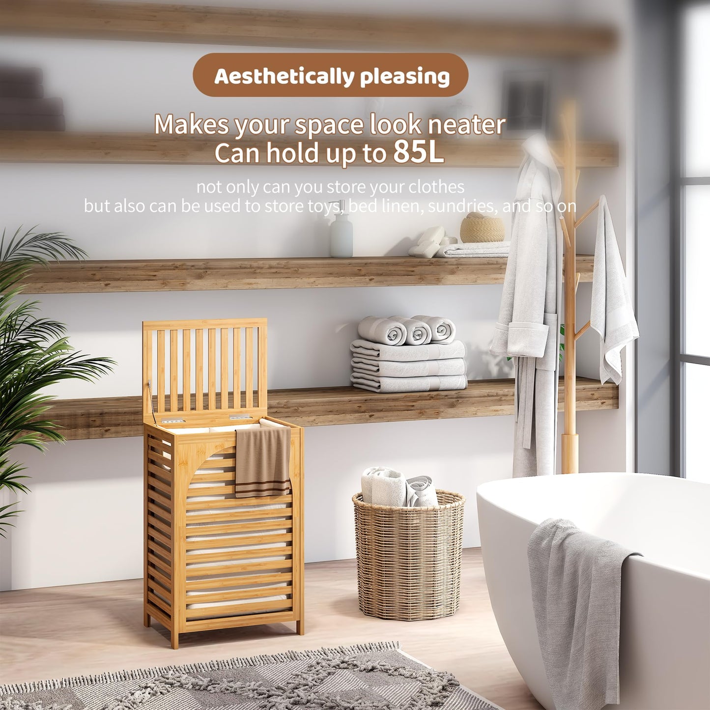FILWH 85L Sustainable Bamboo Laundry Hamper with Flip Lid