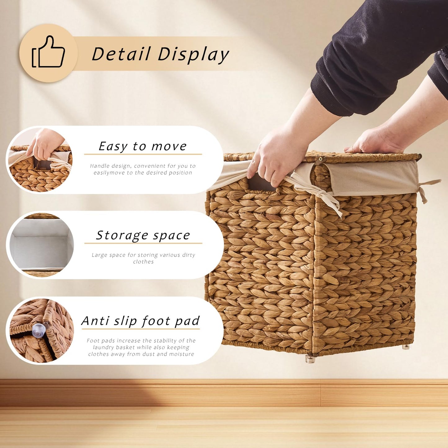 LGENHOOM Handwoven Natural Water Hyacinth Hamper with Lid