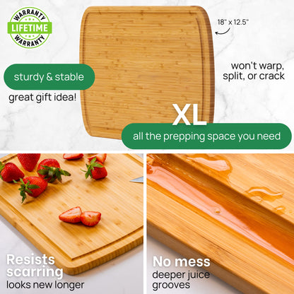 Bamboo cutting board with features highlighted on a white background