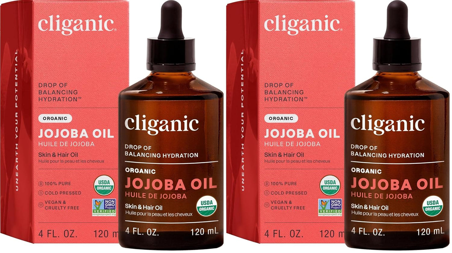 Cliganic USDA Organic Jojoba Oil 100% Pure, Single-Ingredient on a white background.
