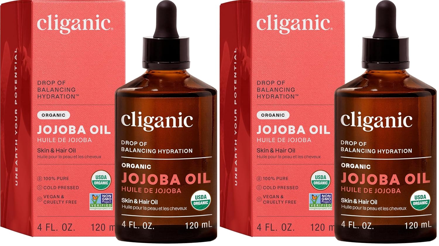 Cliganic USDA Organic Jojoba Oil 100% Pure, Single-Ingredient on a white background.