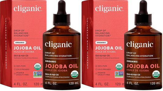 Cliganic USDA Organic Jojoba Oil 100% Pure, Single-Ingredient on a white background.