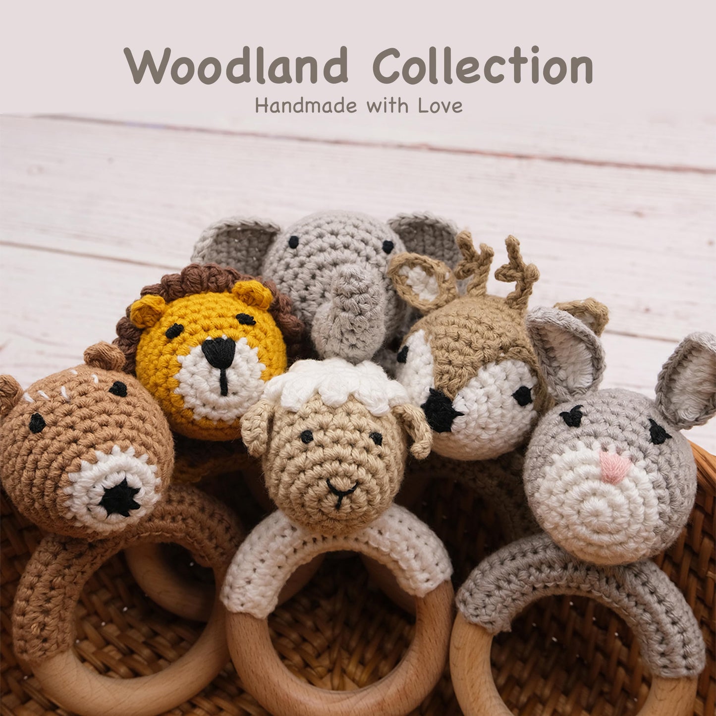 Joliecraft Woodland Friends Baby Rattle: Cotton & Beechwood Elephant