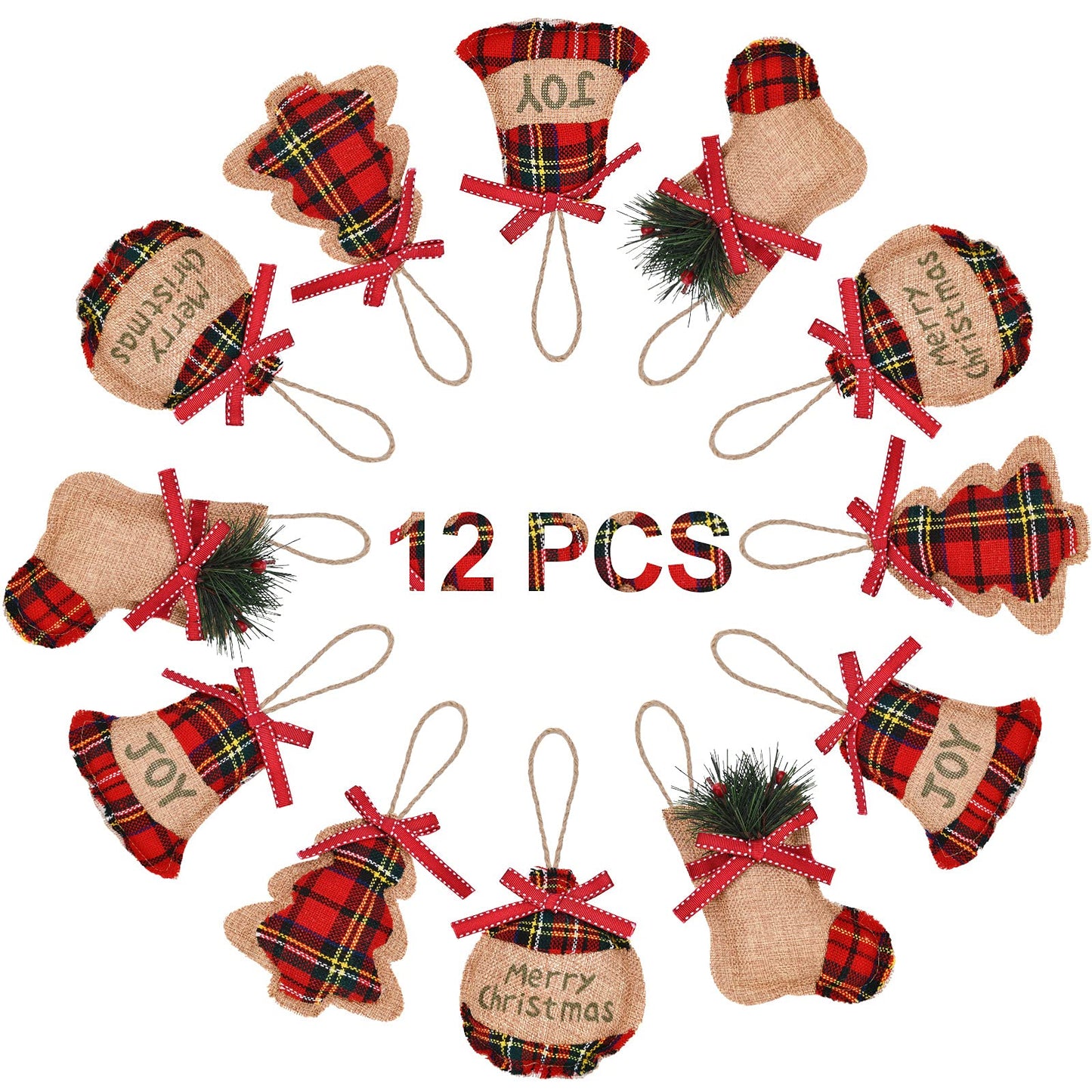 Natural Burlap & Cotton Ornaments (12 Pcs): Zero-Plastic Buffalo Plaid for Sustainable Decor