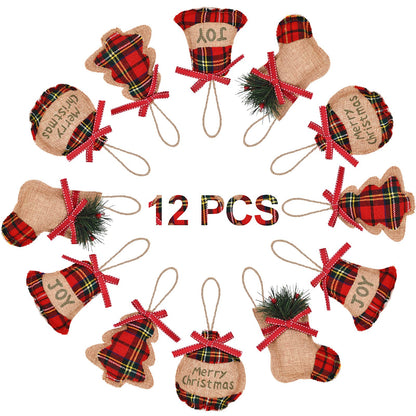 Natural Burlap & Cotton Ornaments (12 Pcs): Zero-Plastic Buffalo Plaid for Sustainable Decor