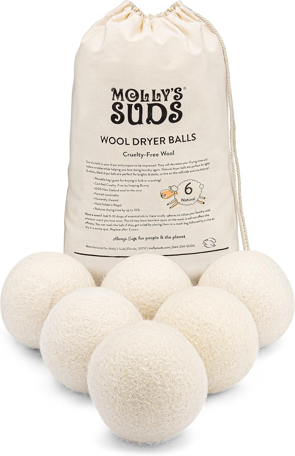 Molly's Suds XL Premium Organic New Zealand Wool Dryer Balls (Set of 6)